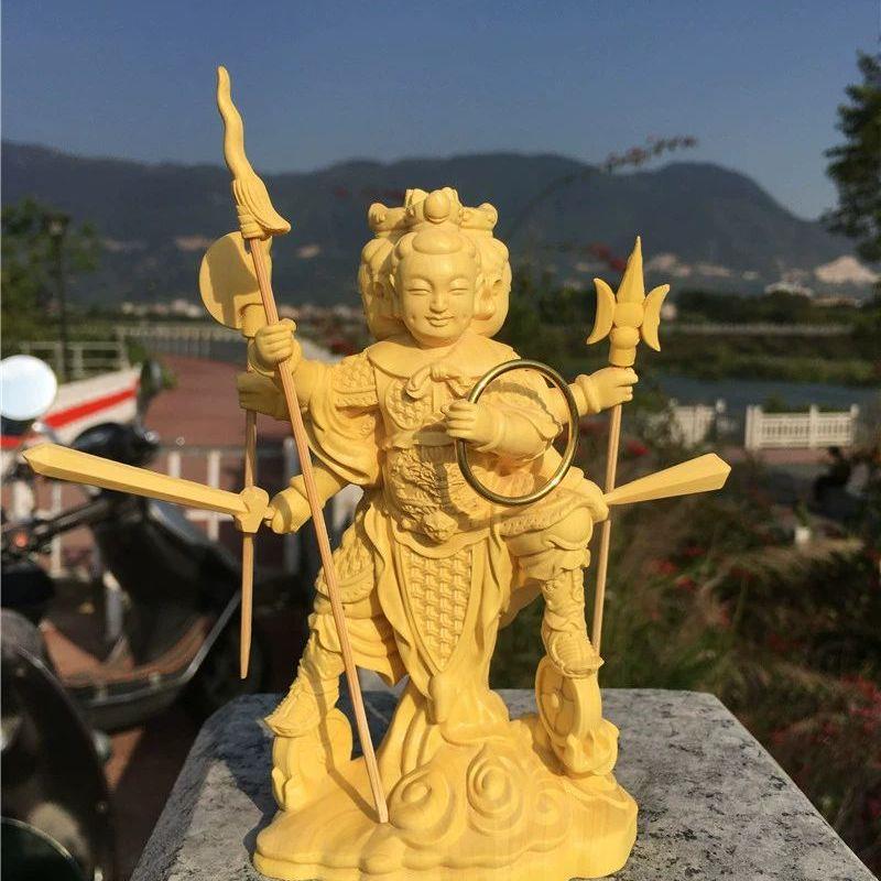 崖柏黄杨木雕神像哪咤三头六臂三太子实木木雕工艺品摆饰太子爷