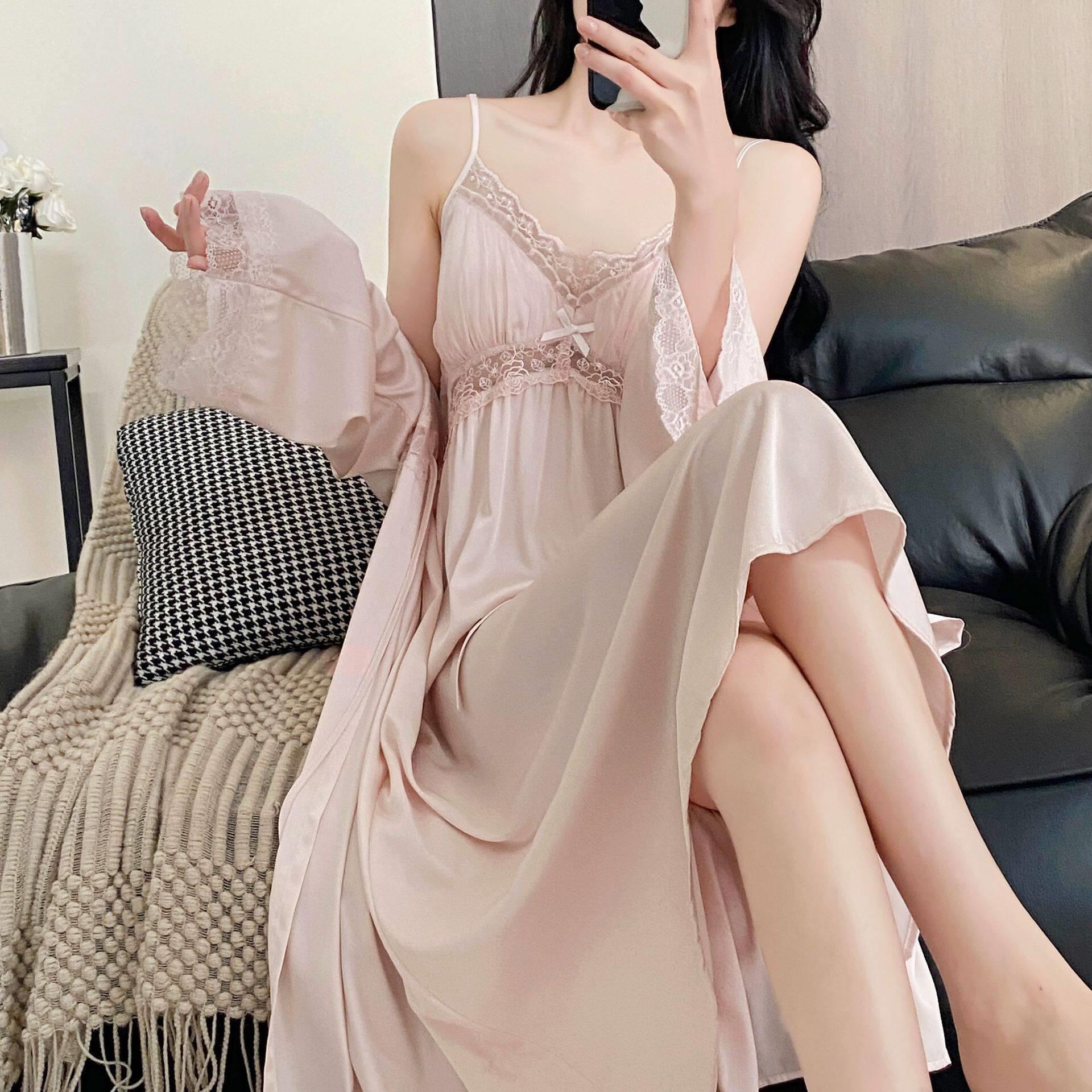法式纯欲风冰丝睡衣女长款吊带睡裙睡袍两件套蕾丝花边家居服夏季