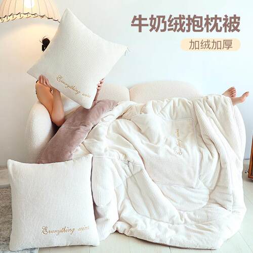 简约牛奶绒抱枕被子两用秋冬加绒加厚毛毯车载靠枕办公室午睡毯子