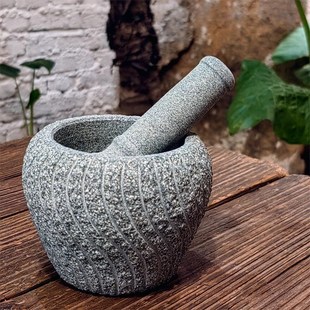 天然青石石臼捣蒜器家用小型石头蒜臼子压蒜器老式捣药罐研磨擂钵