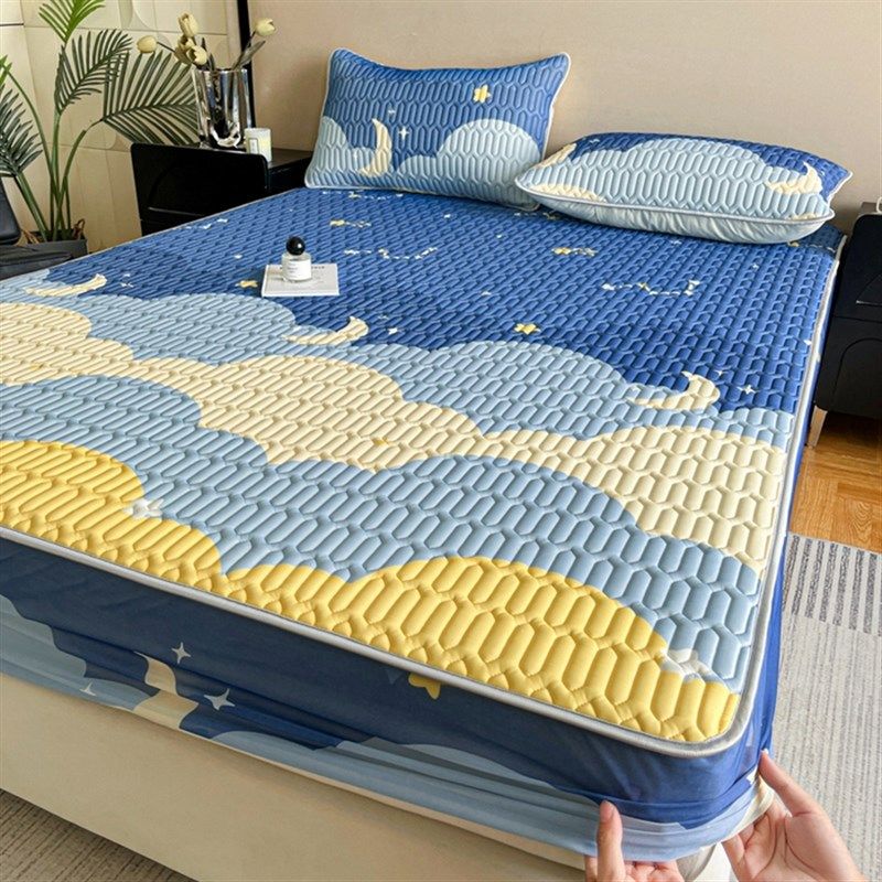 2024新款天然乳胶凉席三件套夏季冰丝席床裙可机洗折叠床笠床垫罩