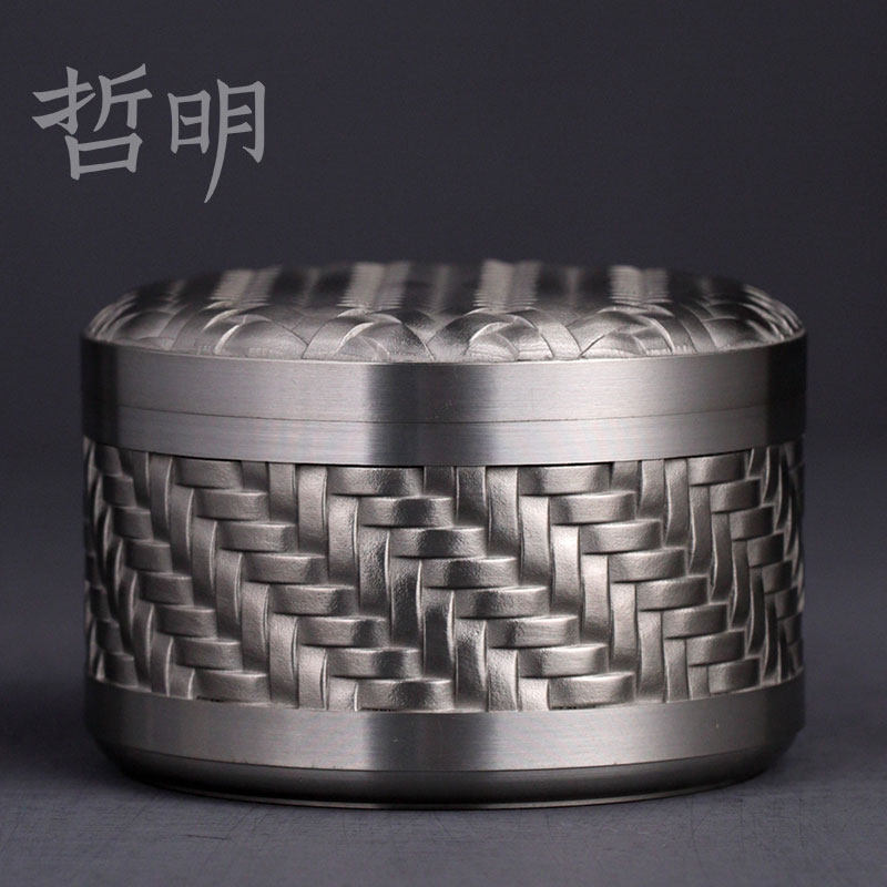 哲明 编织纹锡器茶叶罐 锡制茶具茶罐迷你旅行便携密封罐存储罐