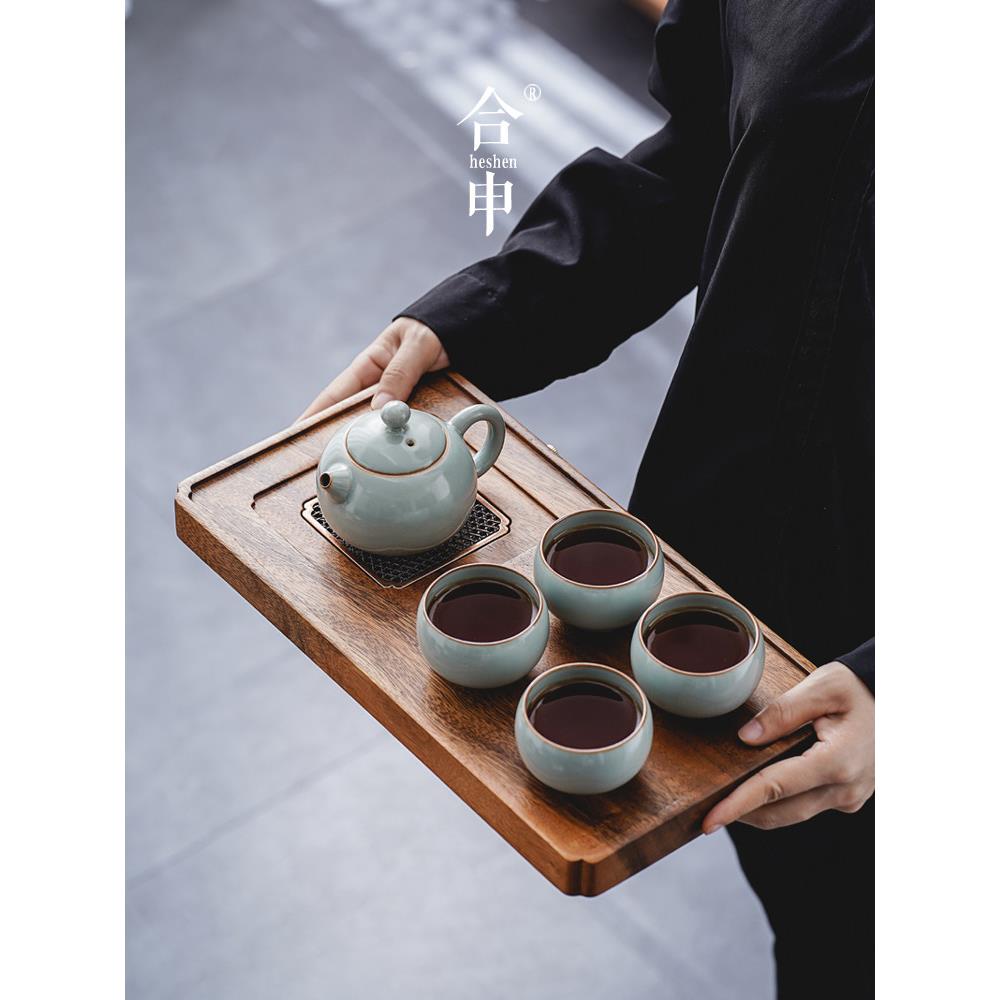汝窑功夫茶具套装家用小型整套办公室陶瓷泡茶壶一壶四杯茶盘高档