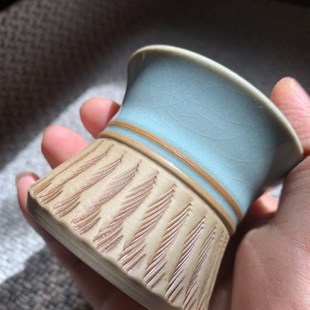 重工收藏孤品全手工汝瓷主人杯茶杯天青色蝉翼纹开片玛瑙原矿汝窑