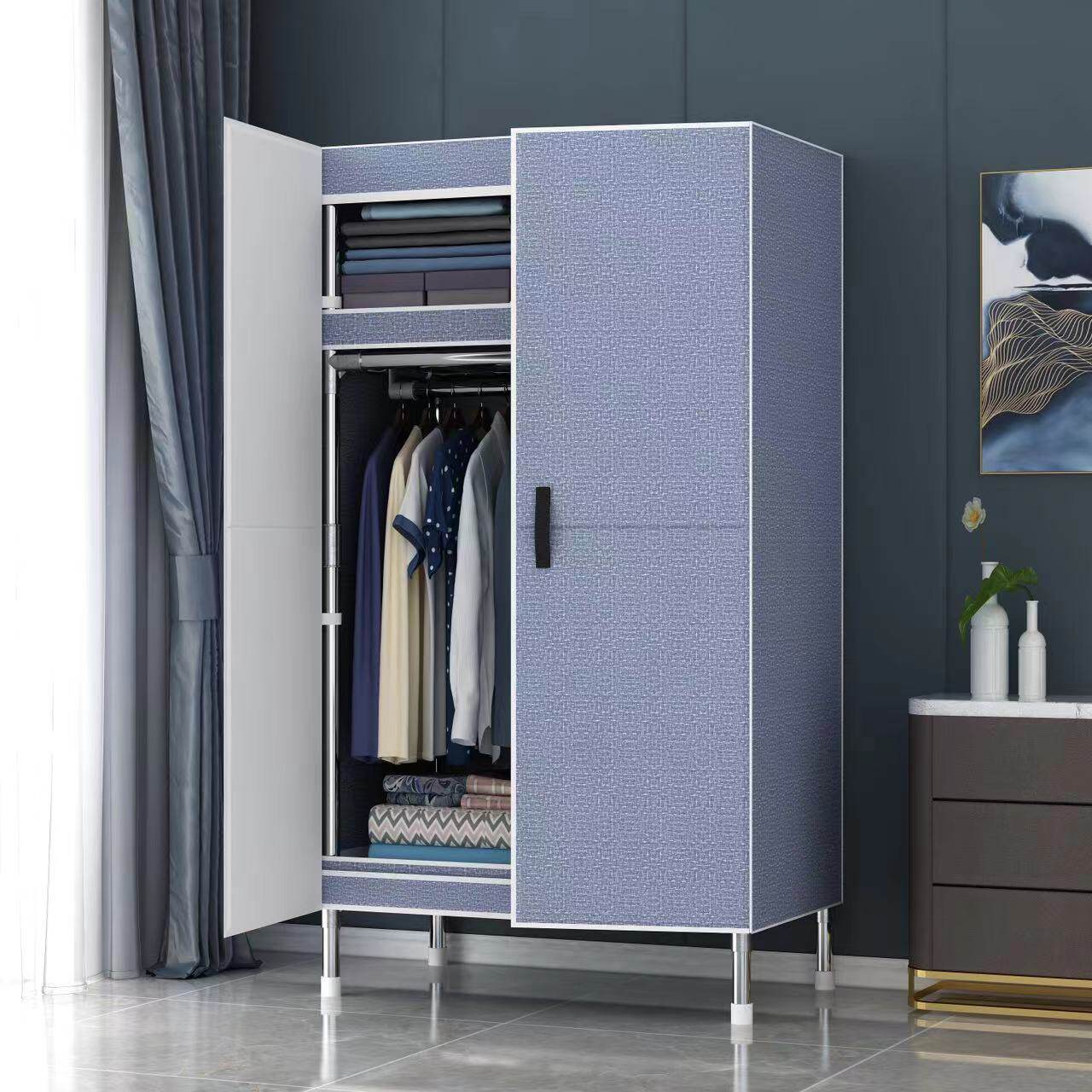 单人衣柜出租房用金属衣柜卧室家用布衣柜加厚加粗全钢架合金衣橱