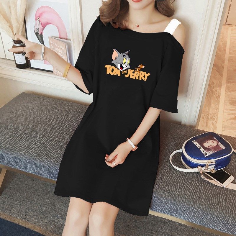 短袖T恤女夏季露肩中长款宽松上衣女士大码一字领性感露肩连衣裙,女装/女士精品,T恤,淘宝优惠券,粉丝福利购,淘宝优惠卷