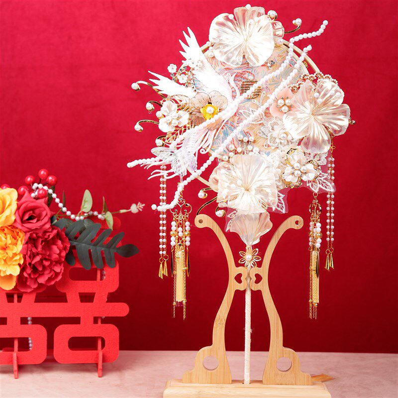 雪亭坊定制造花液秀禾喜扇婚礼新娘减龄结婚蓝色双面圈团扇材料包