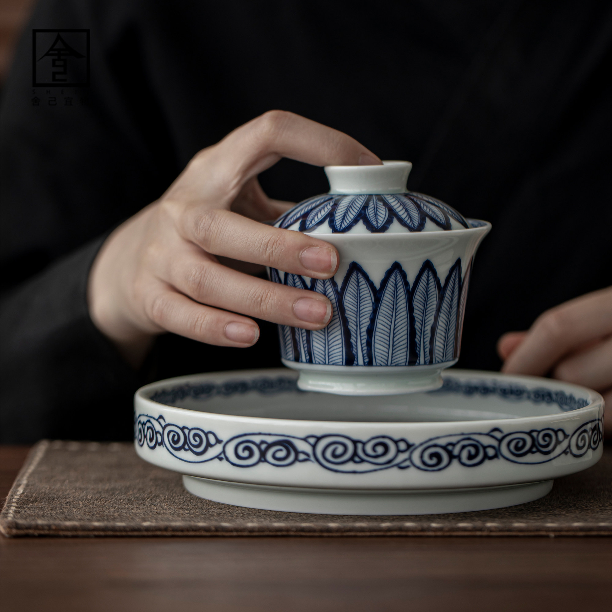 仿古泥青花芭蕉叶盖碗茶杯单个高档家用陶瓷功夫茶具泡茶碗小号,餐饮具,盖碗,淘宝优惠券,粉丝福利购,淘宝优惠卷