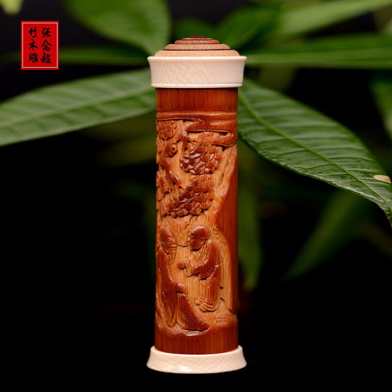 百年拆房老竹浮雕婴戏图牙签筒老竹雕牙签罐山水牙签盒便携式盘玩