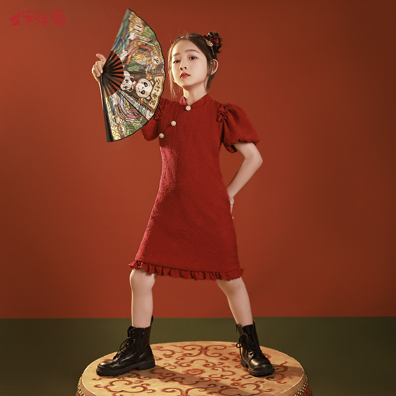 女童晚礼服中式旗袍红色连衣裙花童婚礼小女孩儿童高级感演出国风