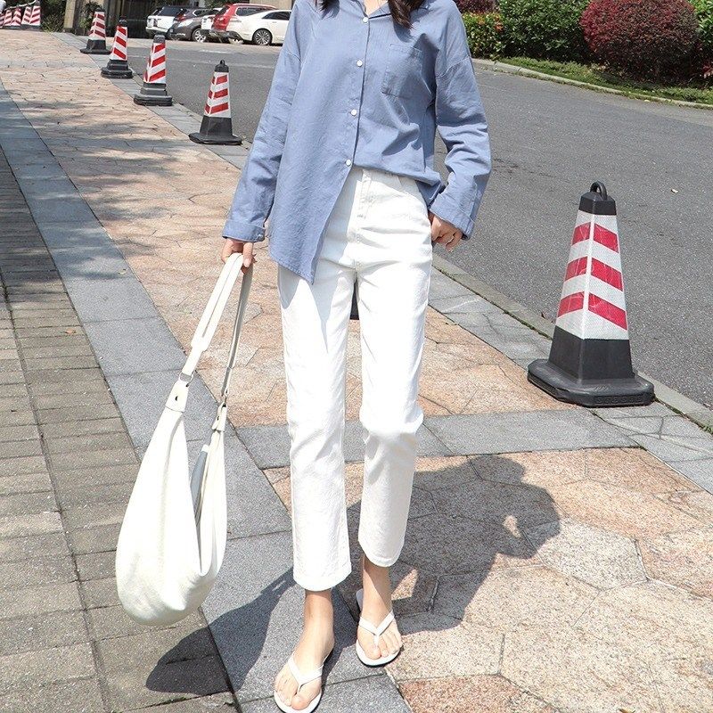 大码女裤白色烟管直筒牛仔裤早秋新款微胖mm显瘦遮胯小个子九分裤