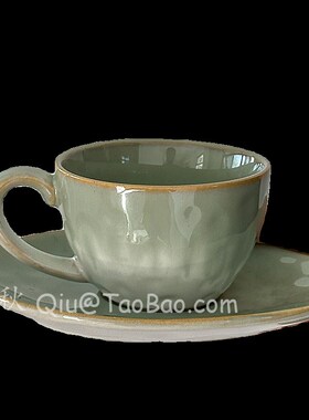 三秋Sanq复古窑变雾绿色咖啡杯碟下午茶杯拿铁拉花杯小众创意礼物