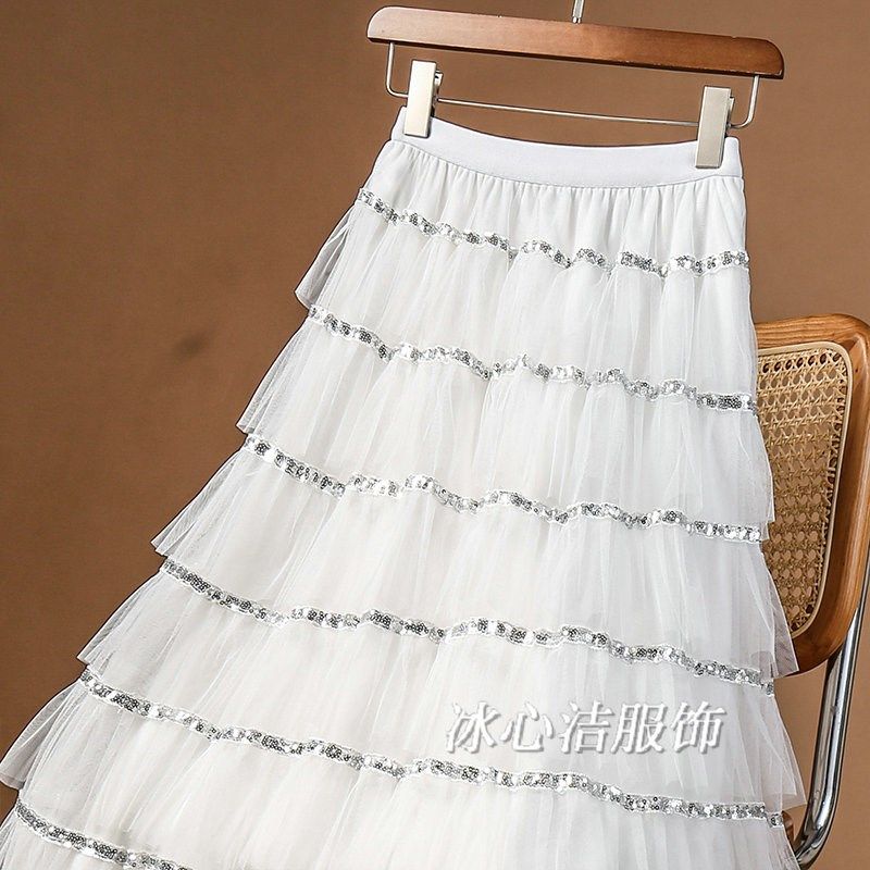 设计感亮片花边层层网纱蛋糕半身裙女夏季2024新款白色纱裙子长裙,女装/女士精品,半身裙,淘宝优惠券,粉丝福利购,淘宝优惠卷