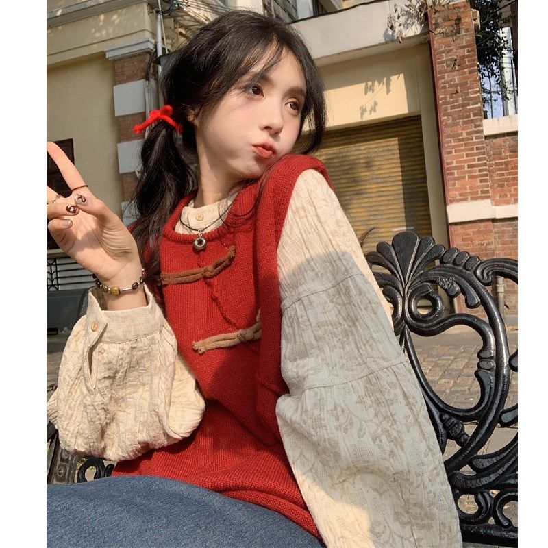 大码女装2024早秋胖mm复古设计感盘扣针织马甲宽松提花衬衫两件套,女装/女士精品,大码套装,淘宝优惠券,粉丝福利购,淘宝优惠卷