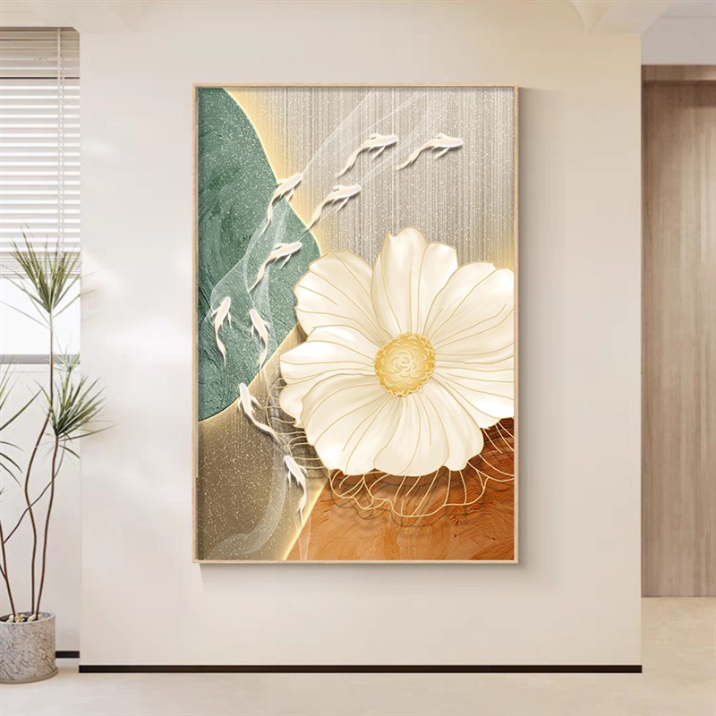 九鱼图牡丹花挂画现代简约客厅装饰画 可定制晶瓷画框 玄关用金框