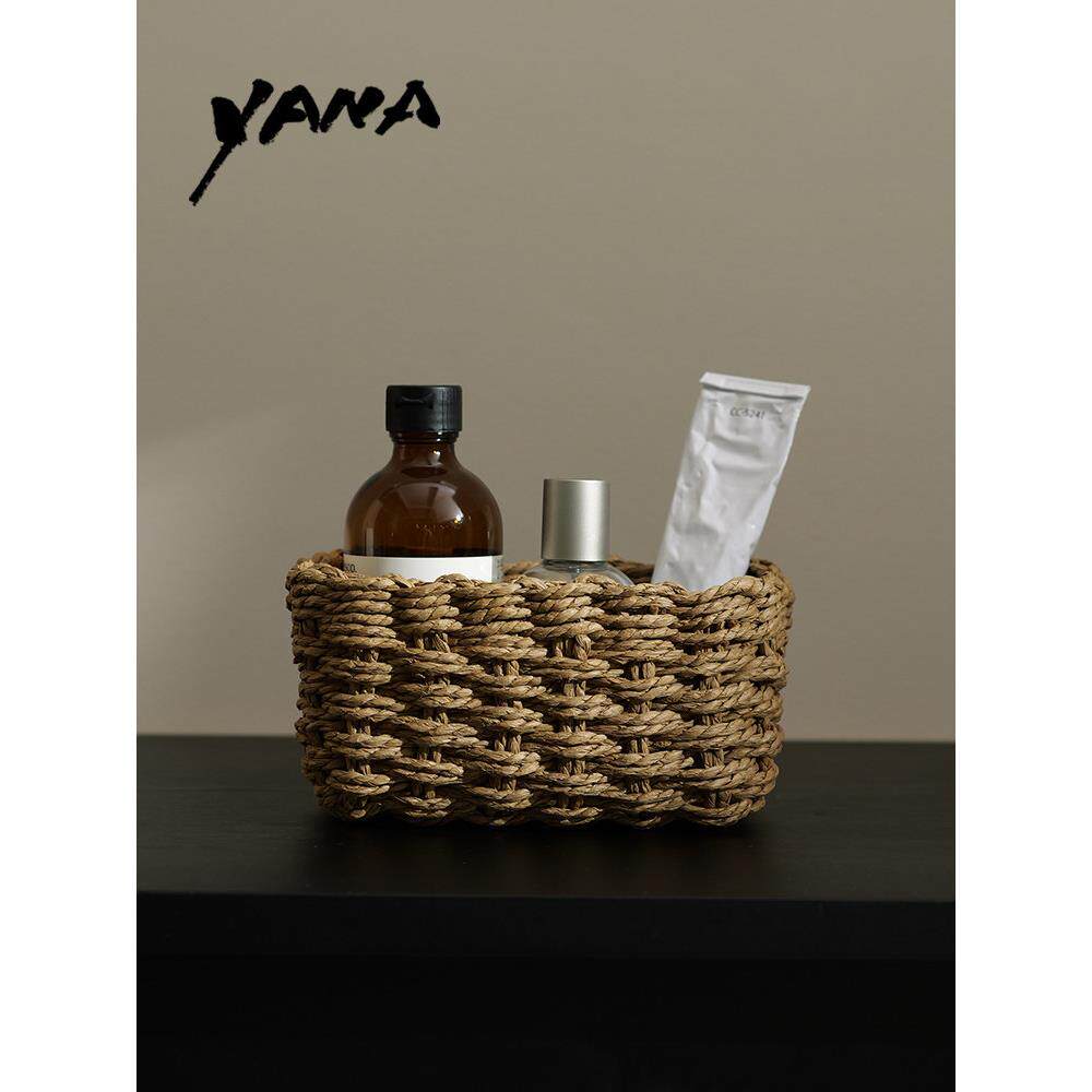 YANA亚纳家用桌面纸绳编织护肤品收纳盒台面杂物整理长方形收纳筐