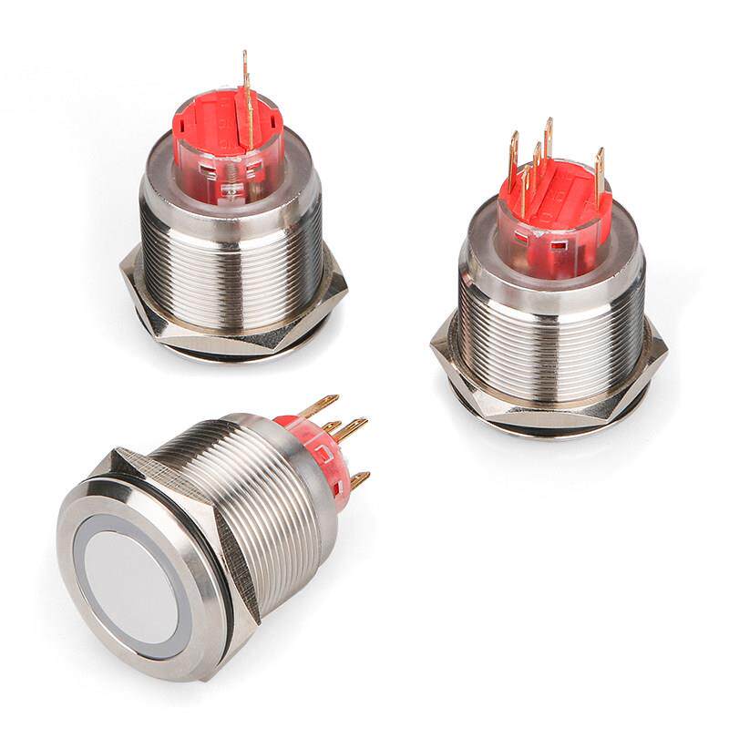 金属22mm防水带LED灯自覆位自锁小型圆形按钮开关带指示灯开关24V