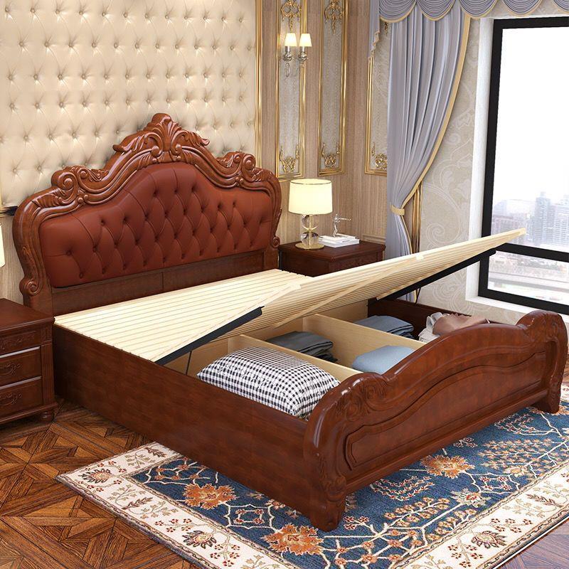 欧式实木床双人床1.8米主卧加厚大床雕花1.5米单人床储物高箱婚床
