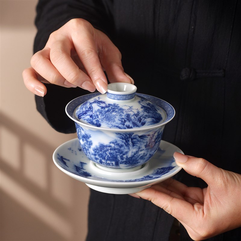 景德镇青花溪山行旅三才盖碗不烫手泡茶碗家用陶瓷功夫茶杯大号