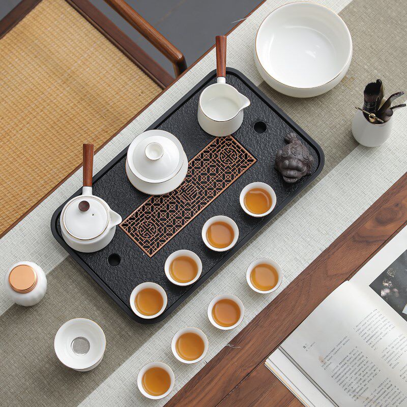 羊脂玉茶具套装家用轻奢描金侧把壶茶盘茶杯便携收纳礼盒高档白瓷