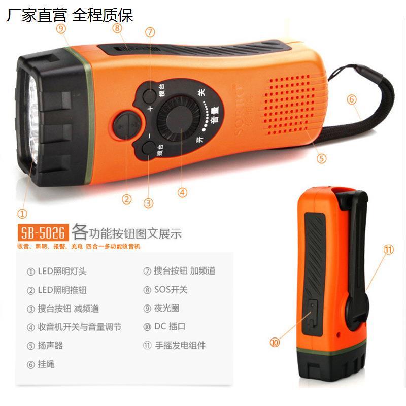 2025新款发电3led手电筒地震应急救灾手电带收音机FM手摇手电筒