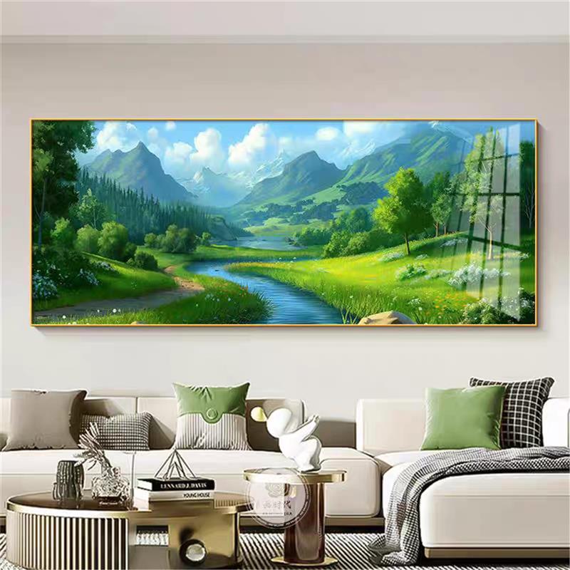 流水生财横版装饰画青山绿水客厅沙发背景墙挂画水晶瓷壁画风景画