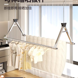 阳台折叠晾衣架家用晒被子神器升降双挂杆衣架悬挂式不锈钢晾衣杆
