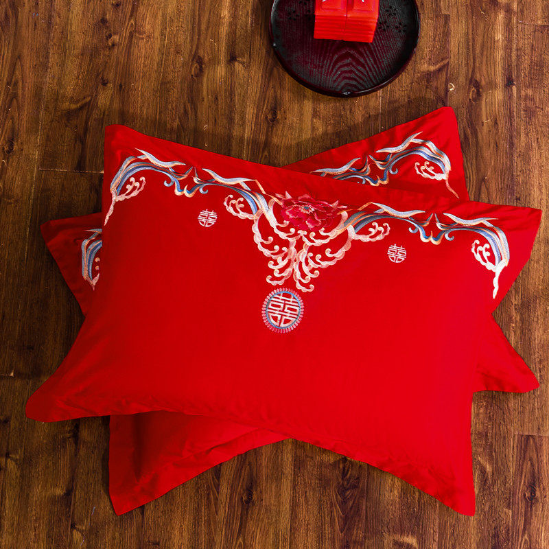 婚庆纯棉枕套一对装全棉枕头套单人枕大红刺绣新结婚房礼嫁喜庆床