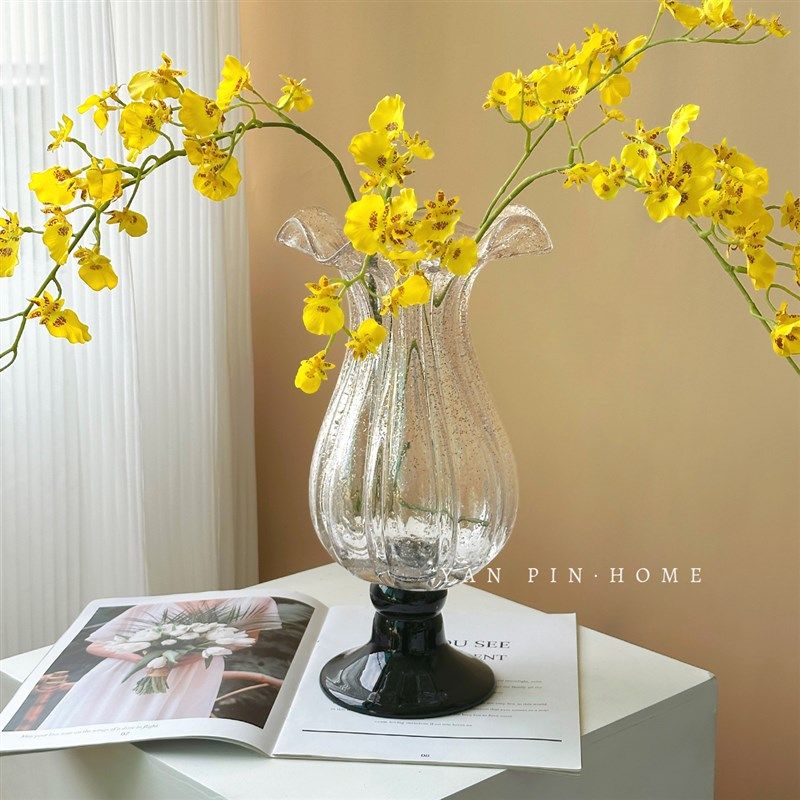 中古风透明花朵琉璃花瓶法式高级感玄关客厅艺术花器软装玻璃摆件,家居饰品,花瓶,淘宝优惠券,粉丝福利购,淘宝优惠卷