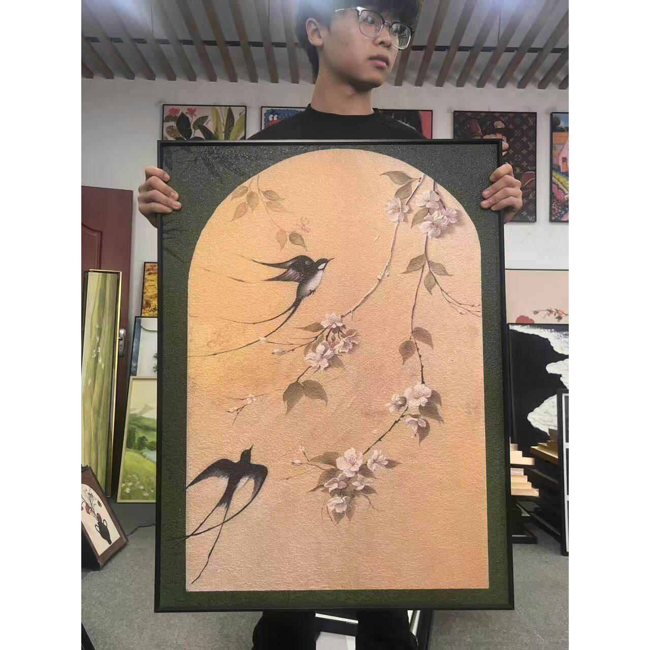 新中式燕子海棠花艺术高级轻奢书房办公室挂画G092装饰画6080
