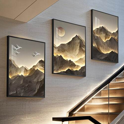楼梯墙面装饰画新中式复式房间楼道壁画高级感走廊过道背景墙挂画