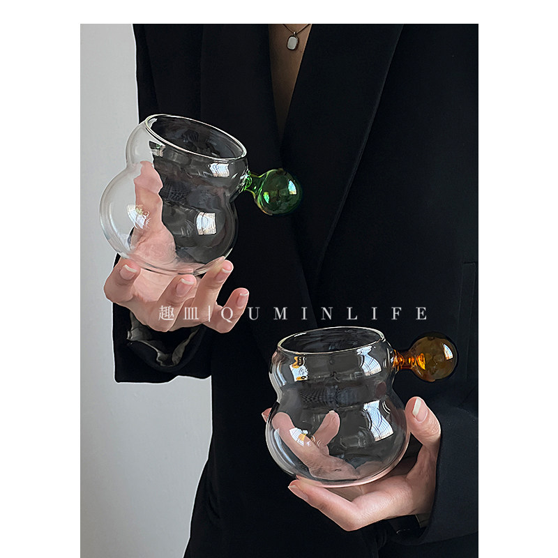 Qumin 夏日限定心动 球球蓝绿黄把手葫芦玻璃杯牛奶咖啡透明杯
