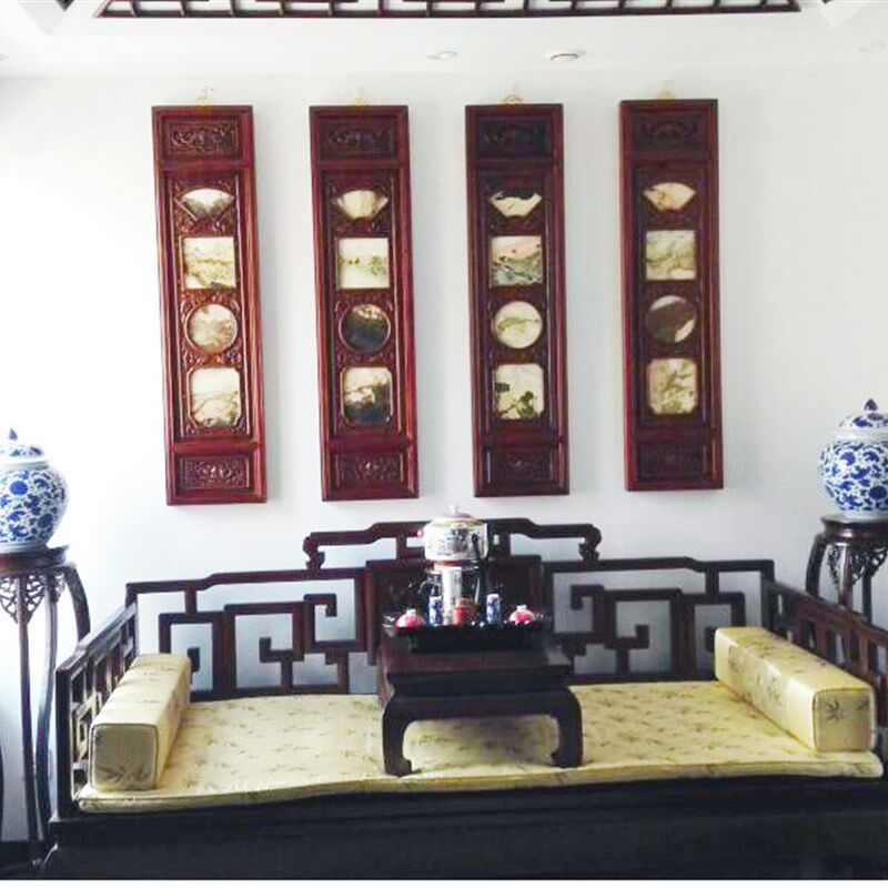 东阳木雕香樟木雕刻四条屏大理石画挂屏新中式挂件客厅沙发背景