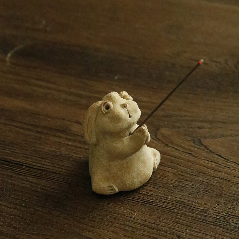 手捏茶宠香插手工制作陶泥可爱兔子摆件可养茶室摆件