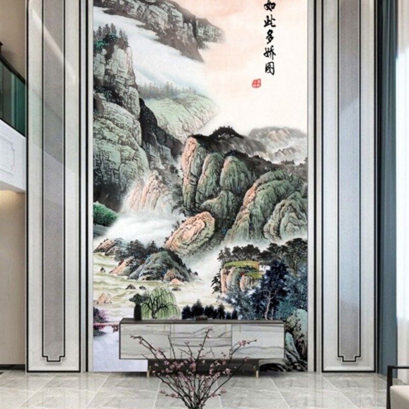 竹木纤维复式楼别墅电视背景墙护墙板8d山水画玄关新中式集成墙板