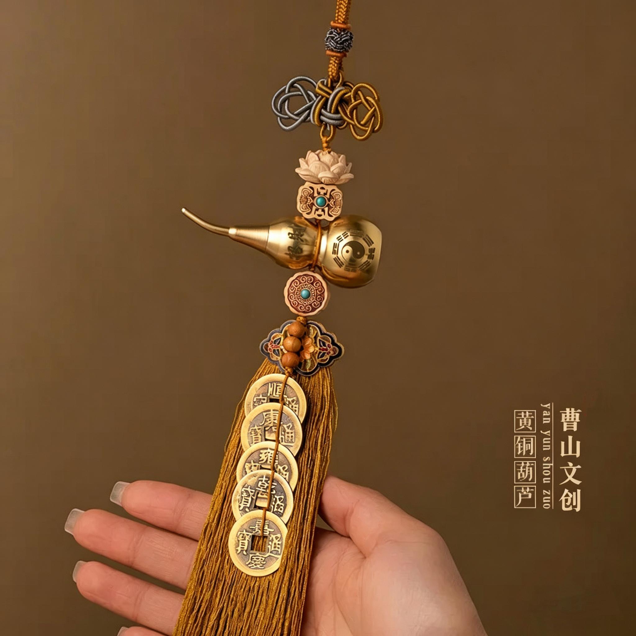 五帝钱门对门纯黄铜葫芦挂饰大门对卧室洗手间吉祥结莲花铜钱挂饰