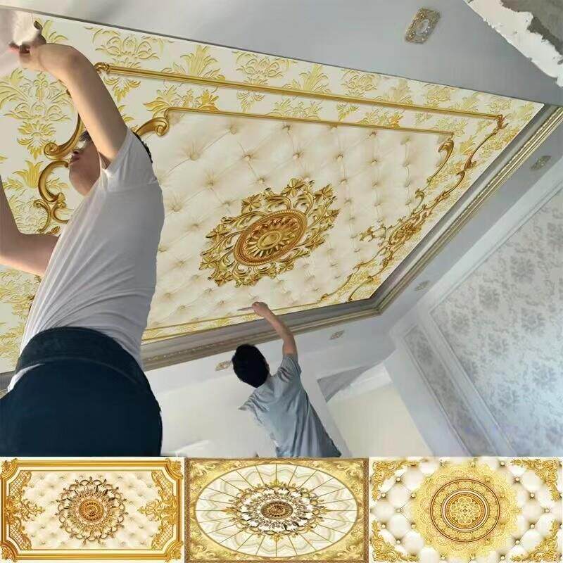 欧式浮雕金黄色悬吊式天花板壁画宫廷客厅天花板墙布走廊过道顶棚