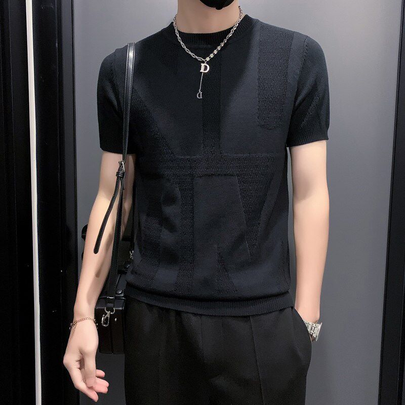 白色针织短袖男款秋季西装内搭白色高级感T恤圆领提花毛衣打底衫