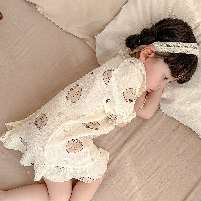 儿童睡裙夏季薄款纯棉女童纱布短袖宝宝可爱公主风夏天家居服睡衣