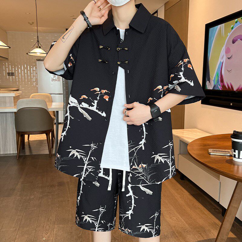 中国风休闲套装男夏季水墨画短袖衬衫男一整套穿搭新中式国潮衣服
