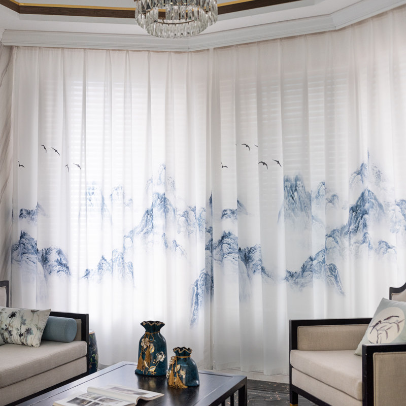 新中式山水风景水墨画窗帘古典客厅卧室书房透光不透人纱帘半遮光