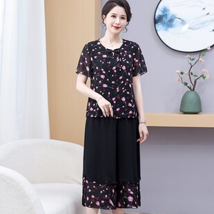 妈妈夏装雪纺小衫套装女2024新款中老年人洋气短袖上衣裤裙两件套