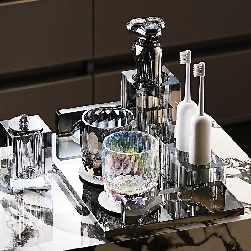 卫生间高奢水晶牙刷架牙杯组合套装高档家装风格洗漱台面置物托盘