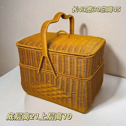 新款带盖子拜拜篮传统结婚圆形手提篮购物菜篮家用拜神野餐篮收纳