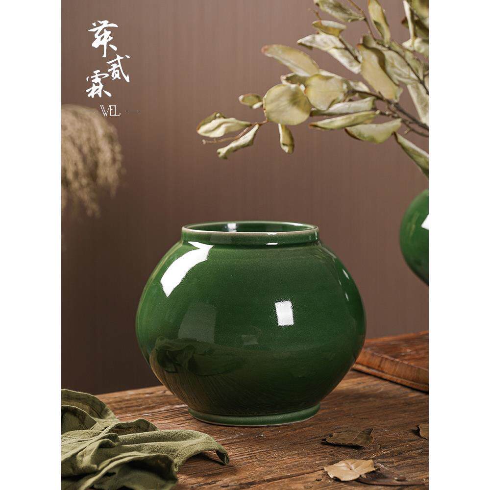 景德镇覆古圆肚型花瓶陶瓷花盆摆件中古绿色轻奢高级感家居手工罐