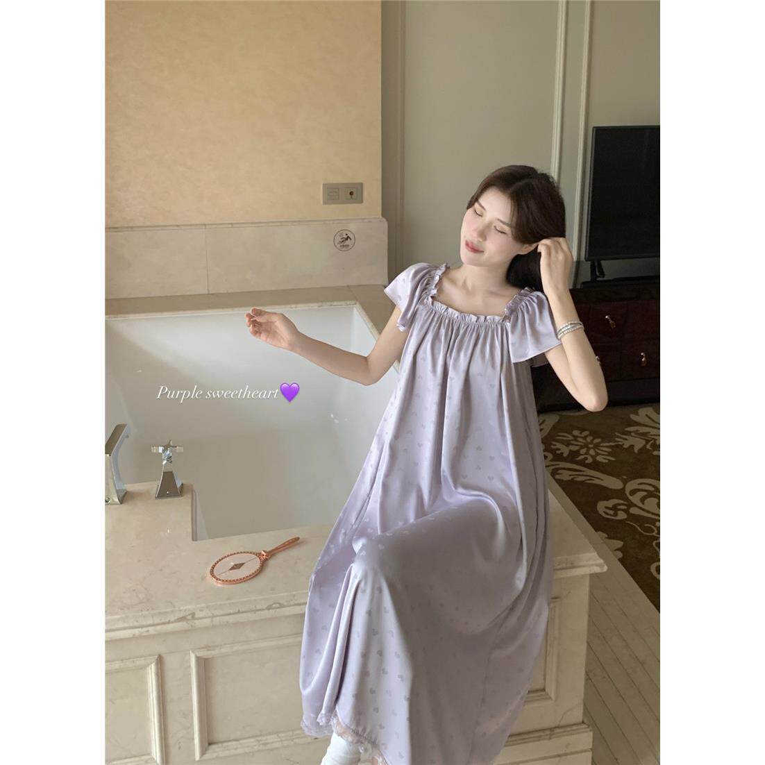 韩系荷叶边冰丝睡裙 女装香芋紫色蕾丝家居服夏季款