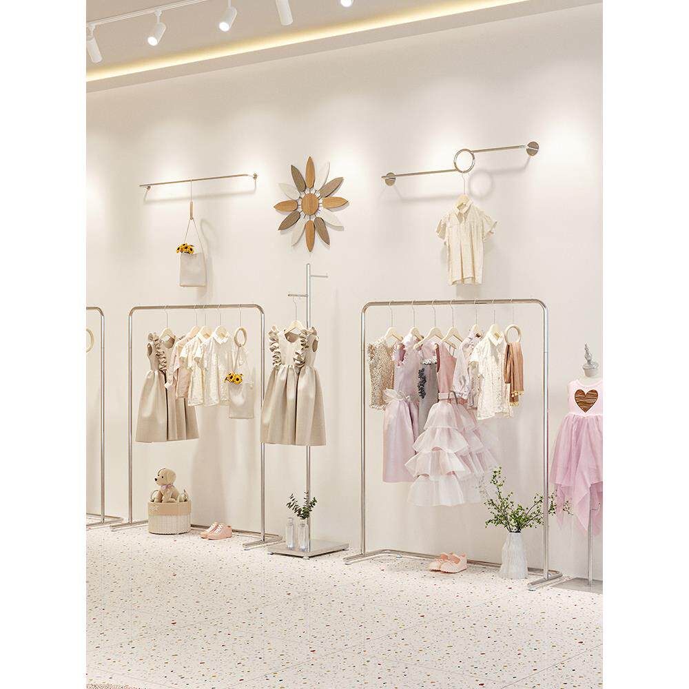 童装服装店展示架落地式不锈钢陈列架拉丝银色挂衣架组合高档货架