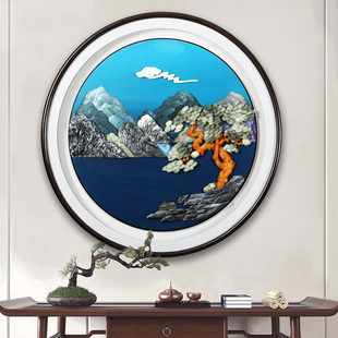 入户玄关装 玉雕挂画 饰画饭厅客厅壁画LED灯光大气背景墙圆形中式