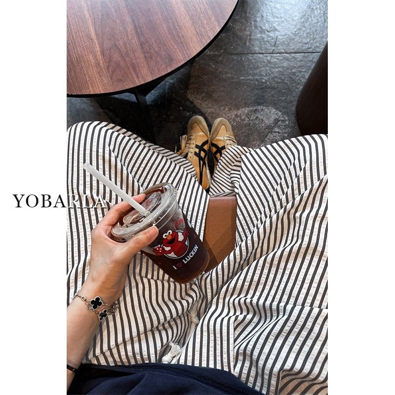 黑白条纹直筒休闲裤女夏季薄款大码胖mm宽松显瘦梨形身材阔腿裤子