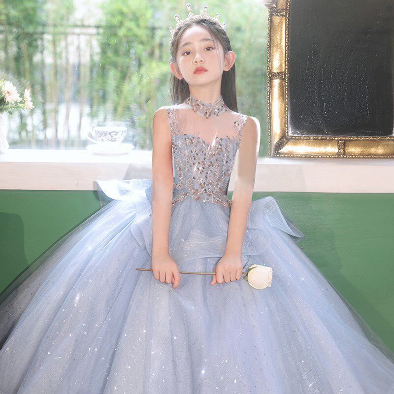 女童十岁生日公主裙蓝色花童礼服儿童小主持人高定钢琴演出服夏季